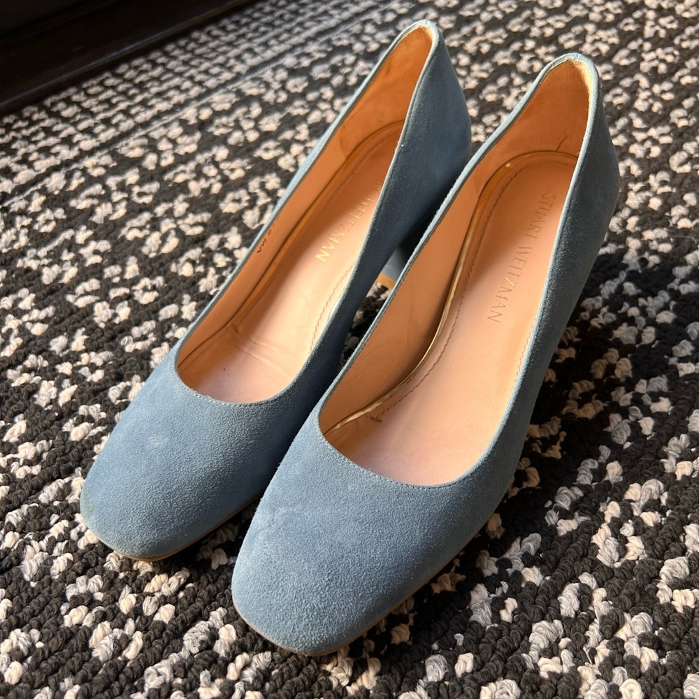 Stuart Weitzman. Gently used baby blue suede block heel pump. 2.5” heel.